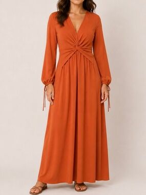 ASOS Women's Burnt Orange Twist Front Maxi Dress Size 6 Long Sleeve V-Neck